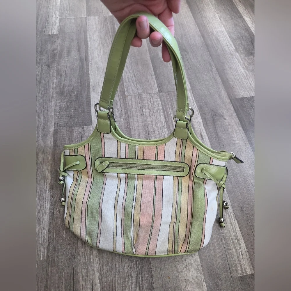 Green Pink Striped Bag Beach Bucket Shoulder Cittage Preppy Wedding Classy Tote